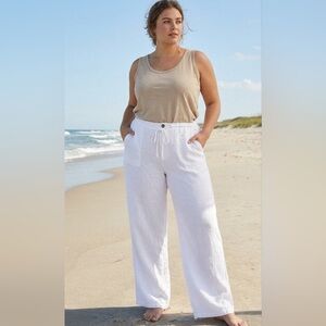Soft Surroundings White Wide-Leg Linen Drawstring Pants Relaxed Boho Trousers